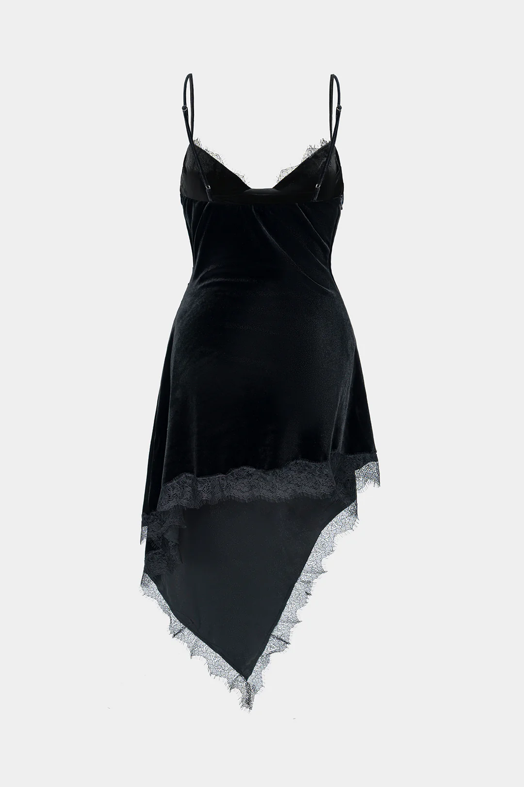 Velvet Patchwork Lace Trim Ruched Asymmetrical Sleeveless Mini Dress - Image 2