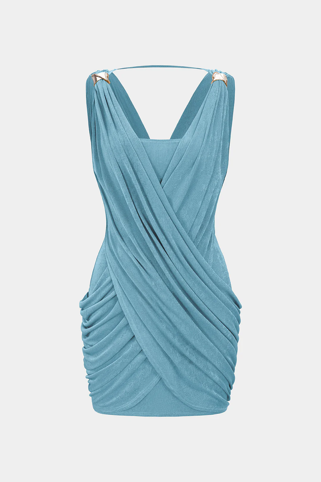 Crossed V-Neck Ruched Metallic Decor Sleeveless Mini Dress - Image 10