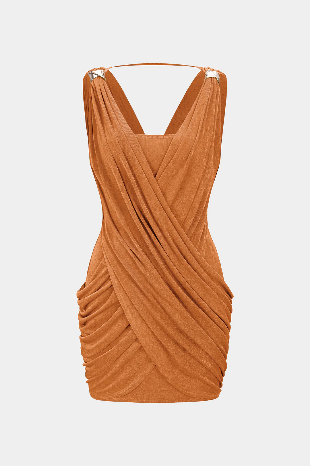 Crossed V-Neck Ruched Metallic Decor Sleeveless Mini Dress - Image 8