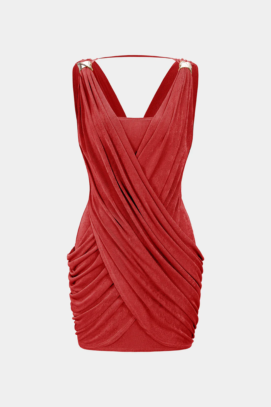 Crossed V-Neck Ruched Metallic Decor Sleeveless Mini Dress - Image 9