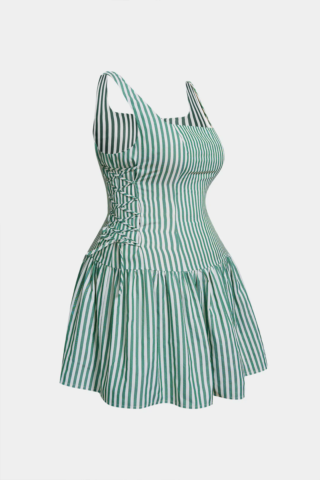 Plus Size Stripes Print Square Neck Tie-Up Ruched Mini Dress - Image 3