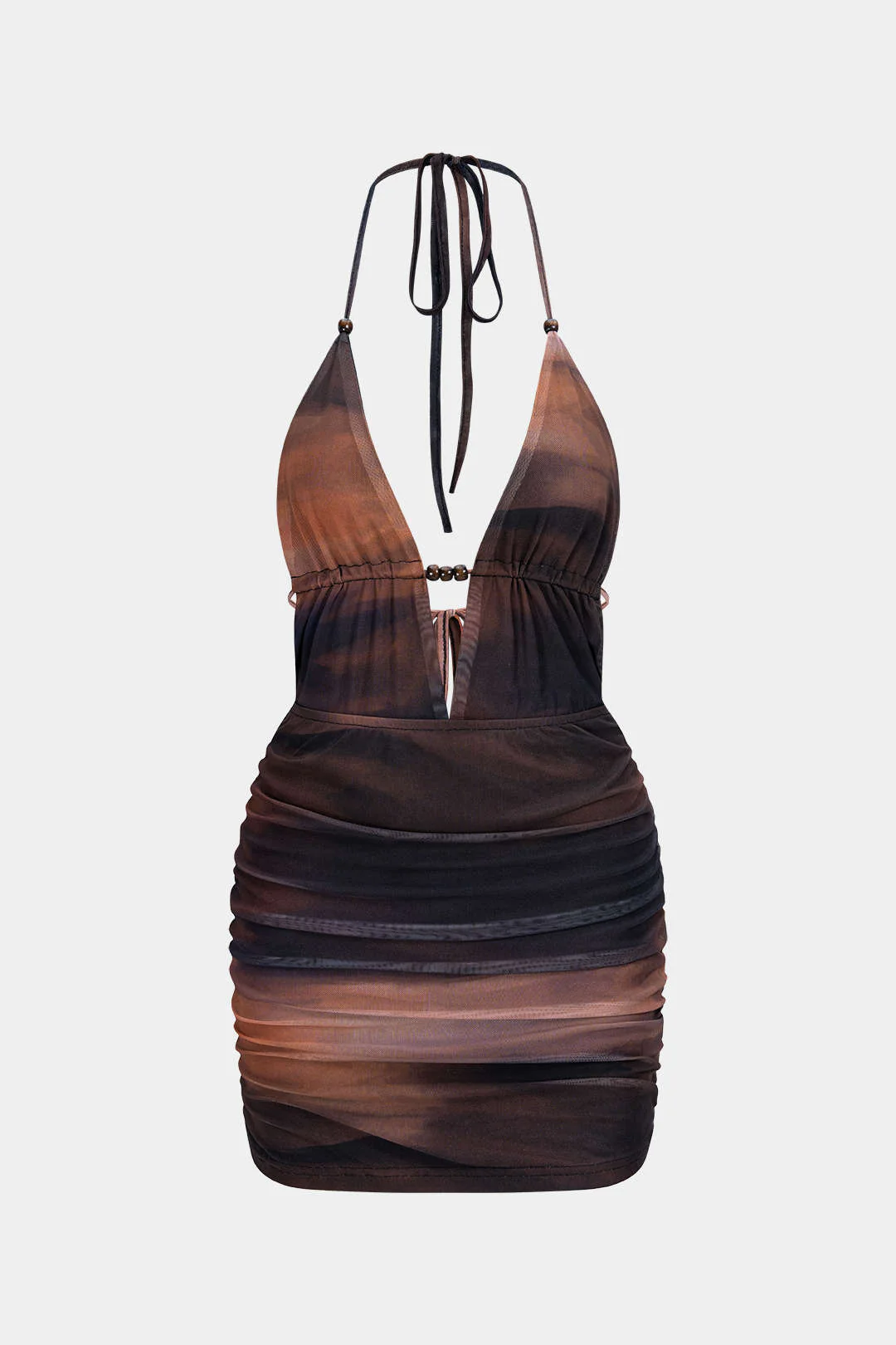 Tie Dye Print Mesh Halter Deep V-Neck Tie-Up Sleeveless Mini Dress - Image 3