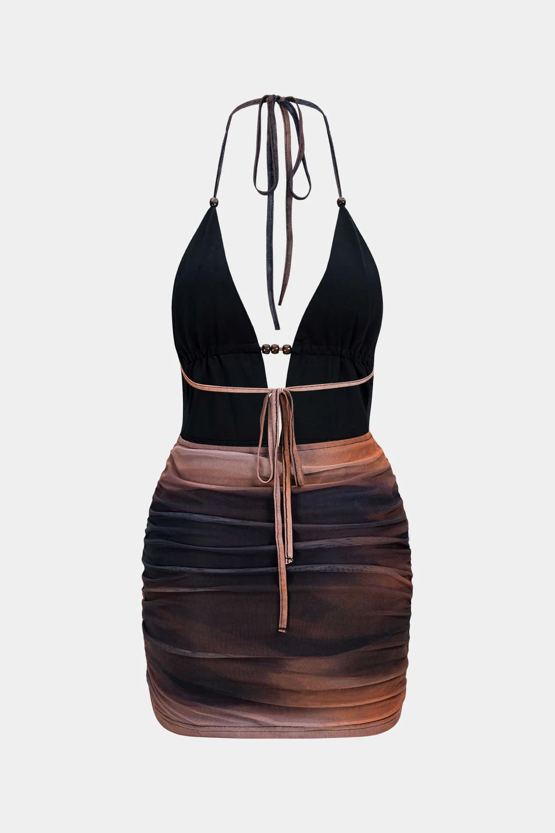 Tie Dye Print Mesh Halter Deep V-Neck Tie-Up Sleeveless Mini Dress - Image 4