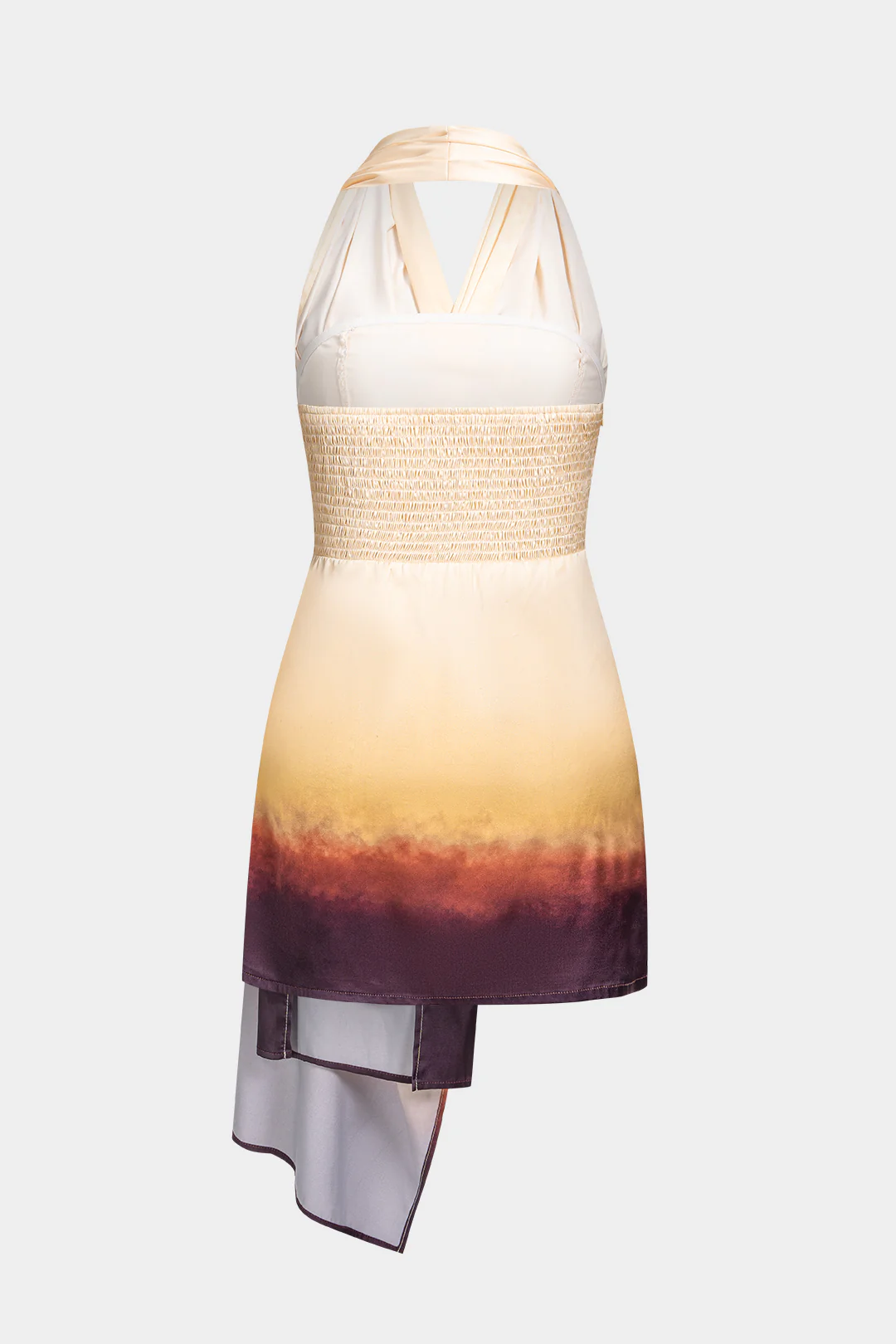 Ombre Contrast Print Halter V-Neck Asymmetrical Ruched Sleeveless Mini Dress - Image 2