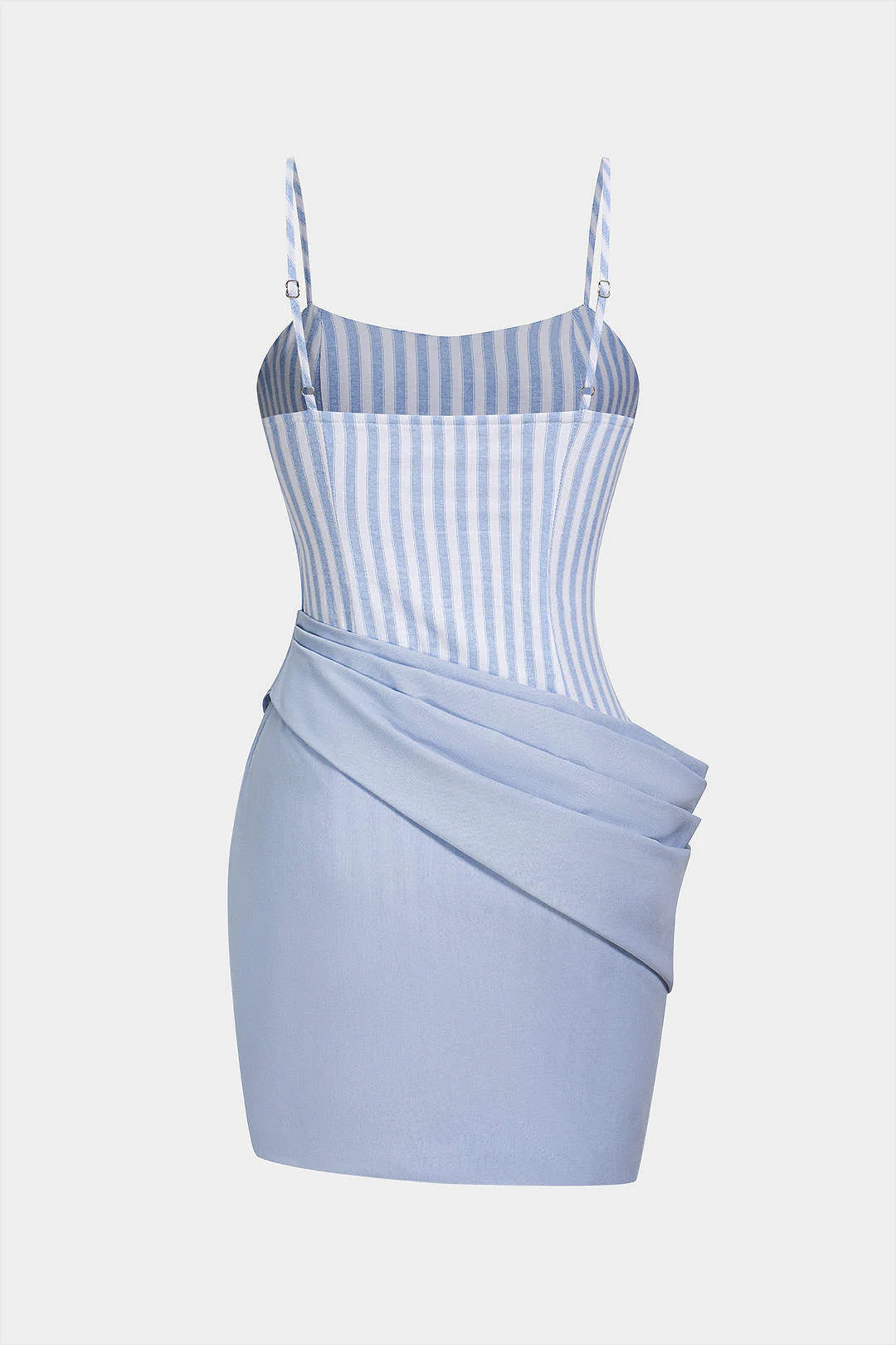 Stripes Print Linen Asymmetrical Ruched Sleeveless Mini Dress - Image 2