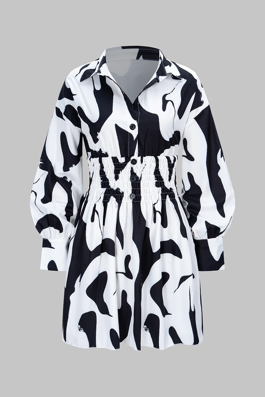 Geometric Print Polo Collar Waist-Cinching Long Sleeve Mini Dress