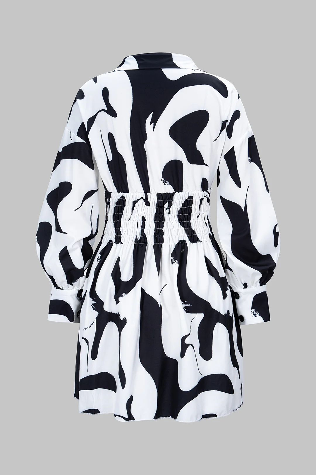 Geometric Print Polo Collar Waist-Cinching Long Sleeve Mini Dress - Image 2