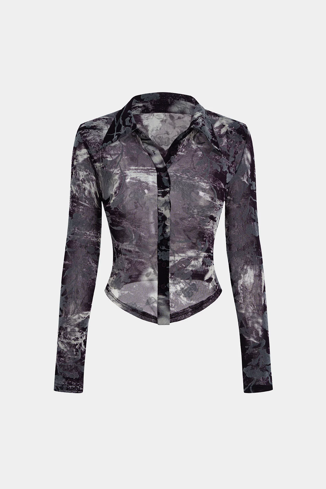Sheer Floral Print Lapel Long Sleeve Top - Image 6