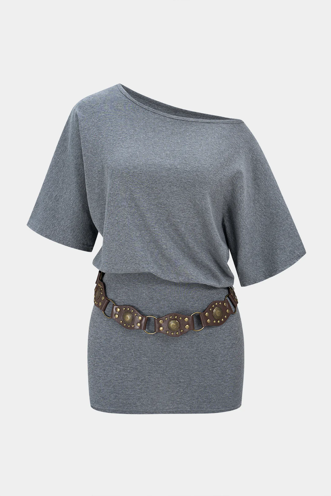 One Shoulder Belted Short Sleeve Mini Dress