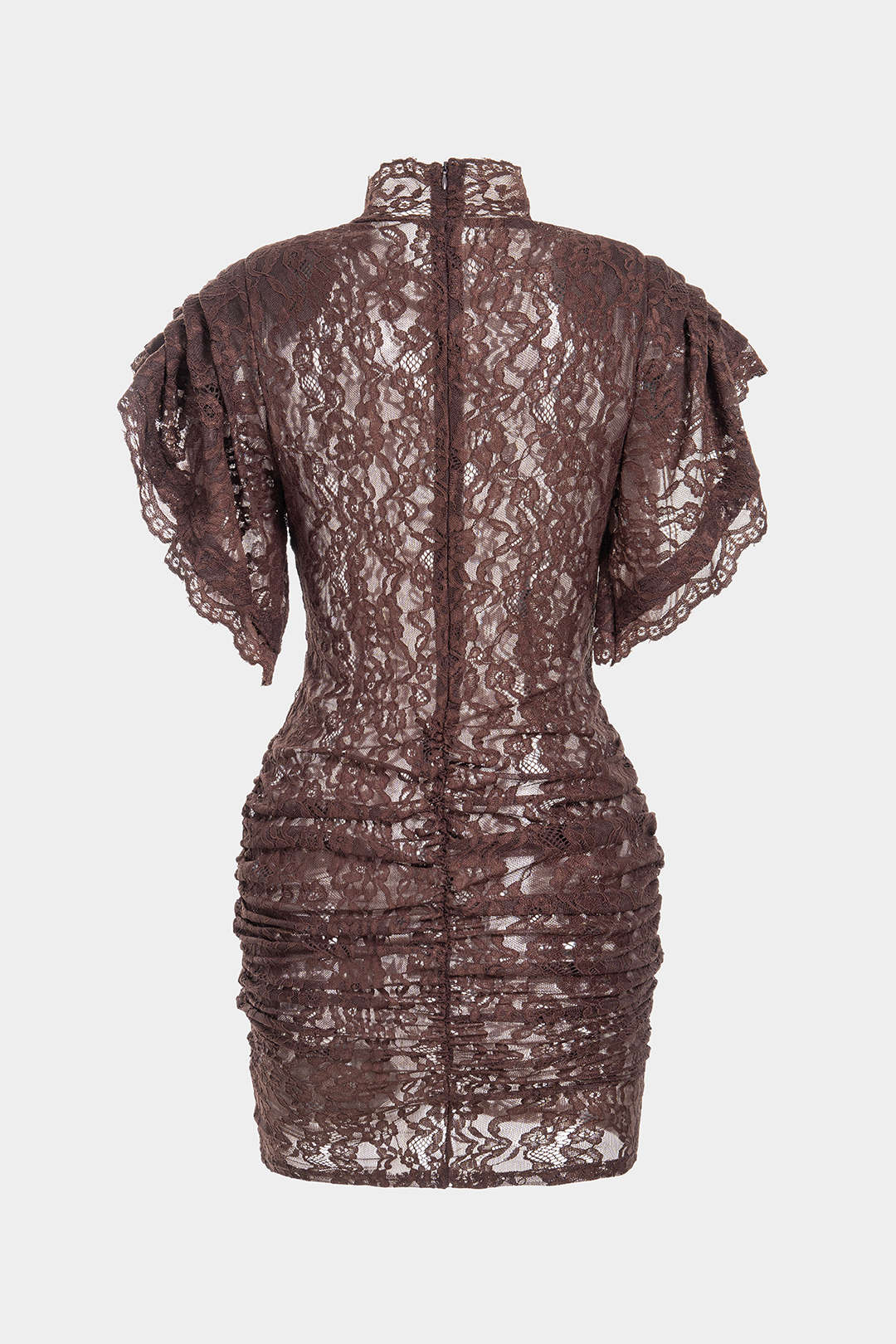 Sheer Lace Mock Neck Ruched Short Sleeve Mini Dress - Image 2