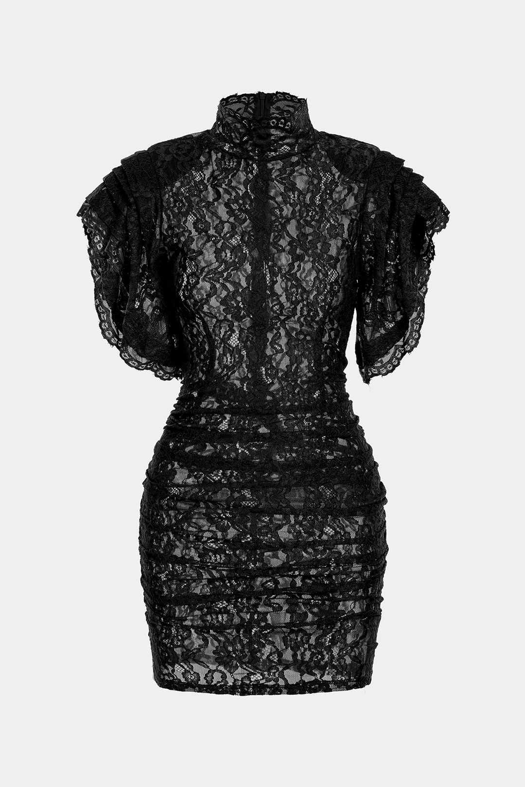 Sheer Lace Mock Neck Ruched Short Sleeve Mini Dress - Image 8