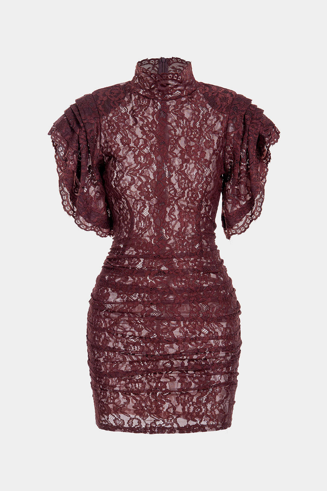 Sheer Lace Mock Neck Ruched Short Sleeve Mini Dress - Image 9