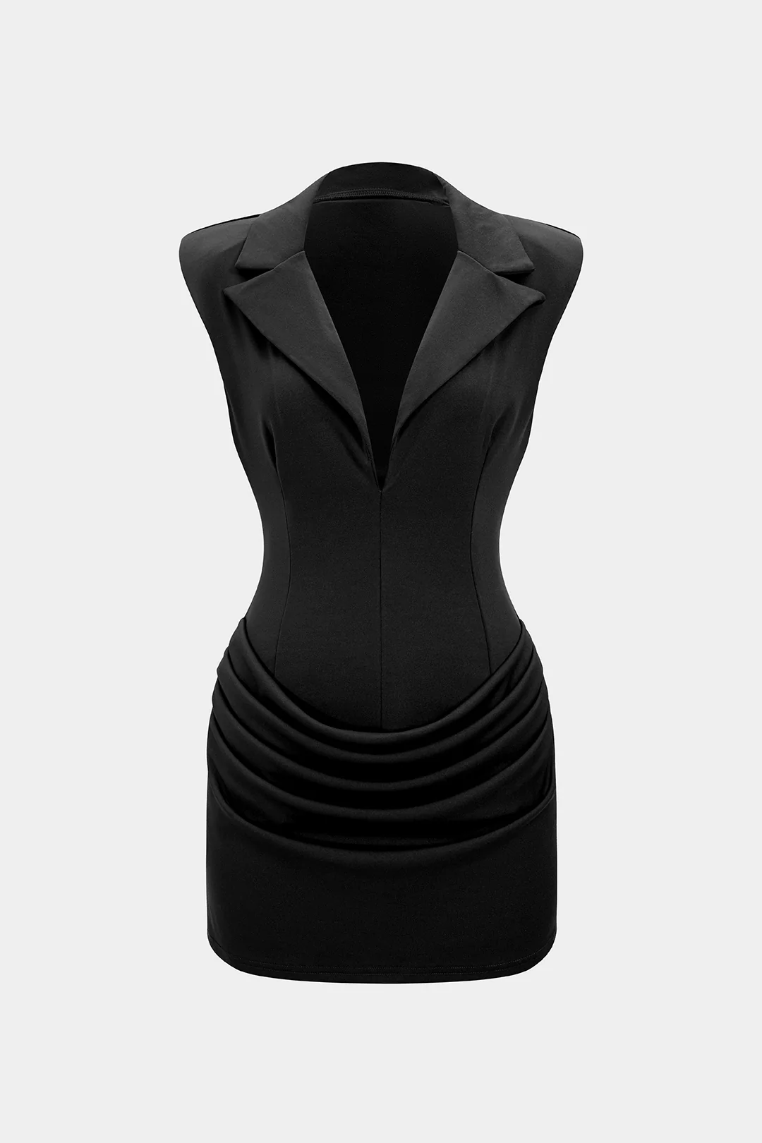 Solid Deep V Collar Ruched Sleeveless Mini Dress - Image 6