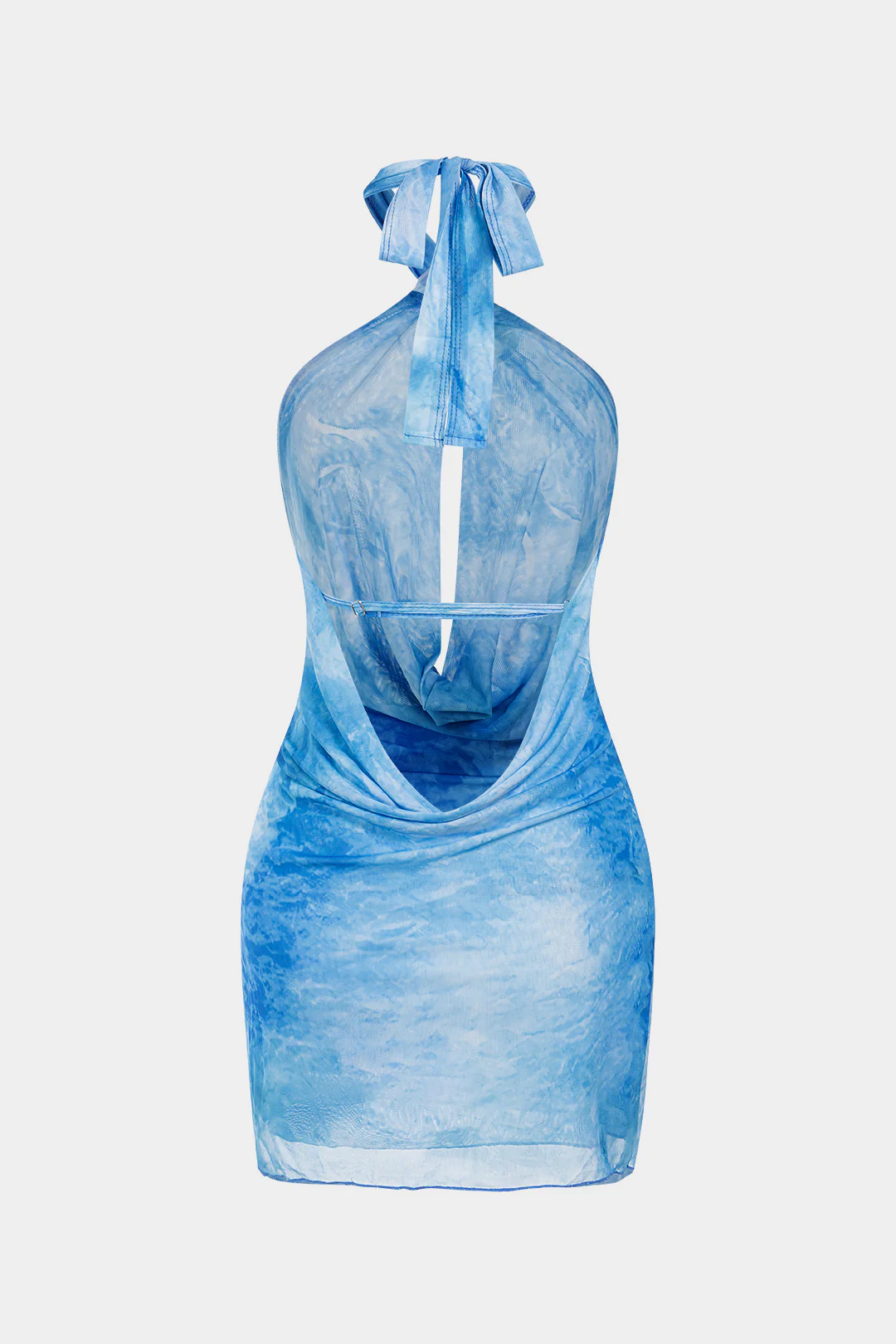 Tie Dye Print Mesh Halter Draped Cowl Neck Cut Out Backless Sleeveless Mini Dress - Image 2