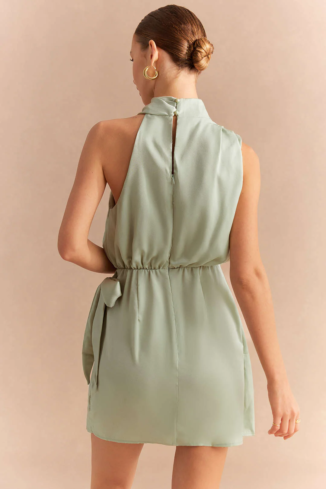Satin Halter Asymmetrical Ruched Tie-Up Sleeveless Mini Dress - Image 2