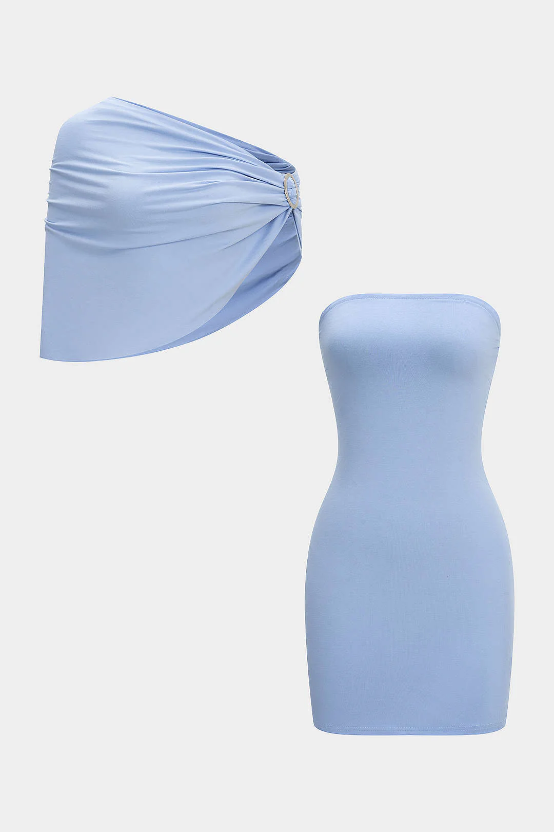 Solid Metallic Decor Asymmetrical Ruched Shawl And Strapless Sleeveless Dress Set - Image 3