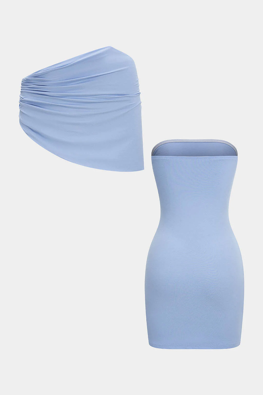 Solid Metallic Decor Asymmetrical Ruched Shawl And Strapless Sleeveless Dress Set - Image 4