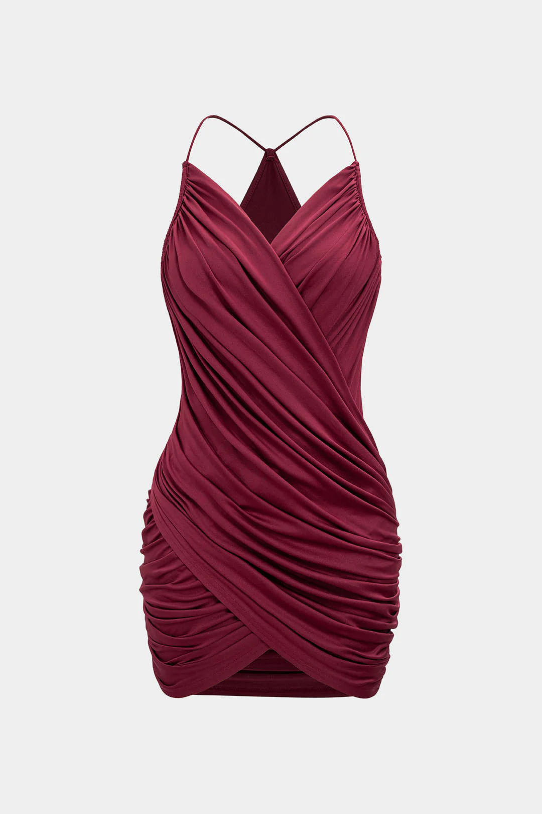 Crossed V-Neck Backless Ruched Sleeveless Mini Dress - Image 2