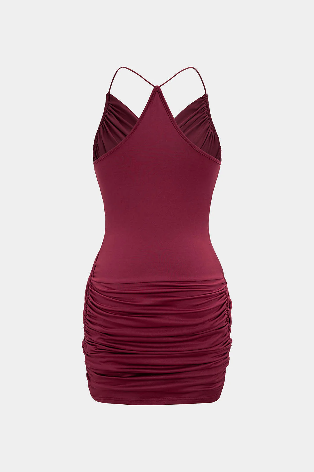 Crossed V-Neck Backless Ruched Sleeveless Mini Dress - Image 3