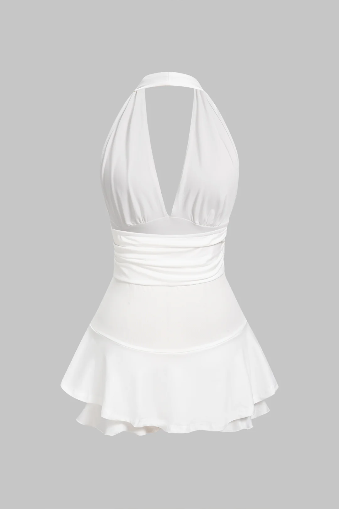 Solid Halter Deep V-Neck Ruched Backless Sleeveless Mini Dress - Image 2