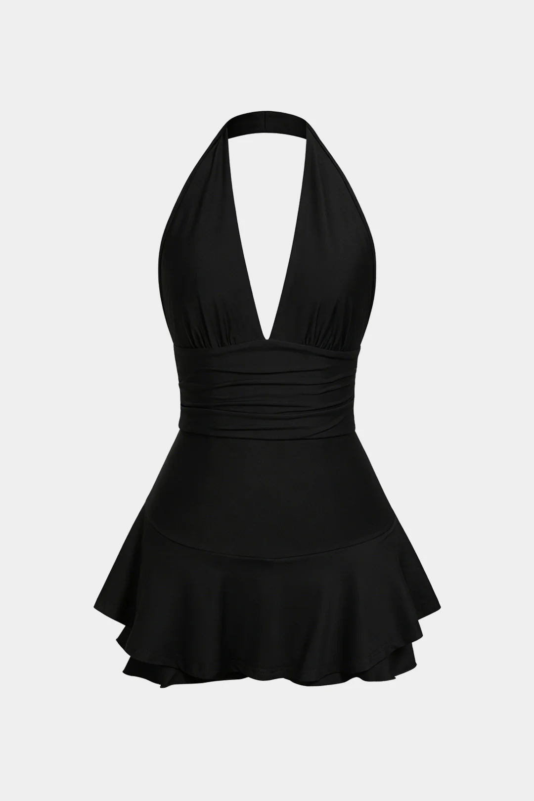 Solid Halter Deep V-Neck Ruched Backless Sleeveless Mini Dress - Image 4