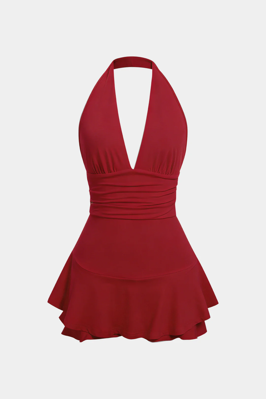 Solid Halter Deep V-Neck Ruched Backless Sleeveless Mini Dress - Image 5