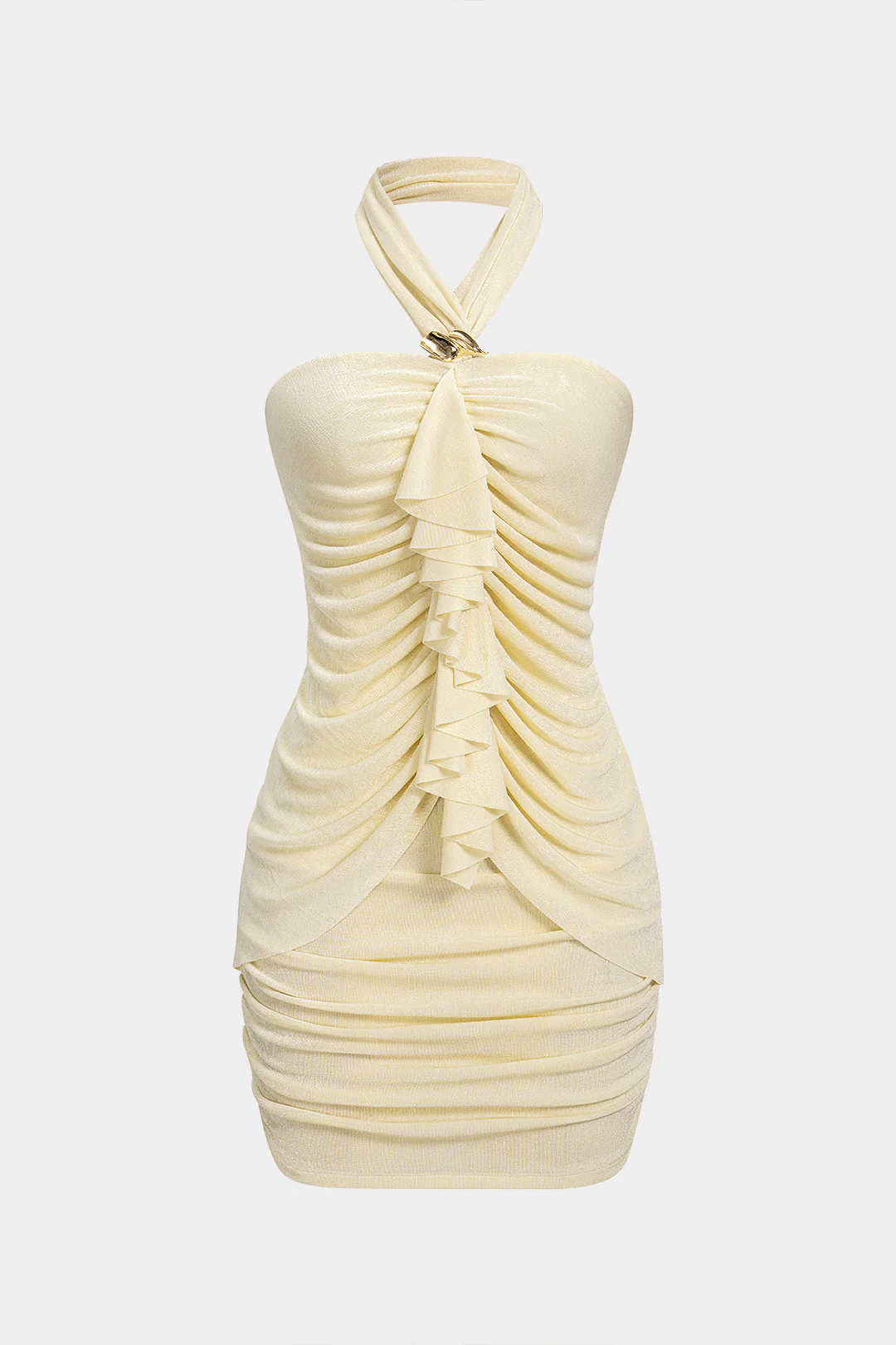 Halter Neck Metallic Ruched Sleeveless Backless Mini Dress
