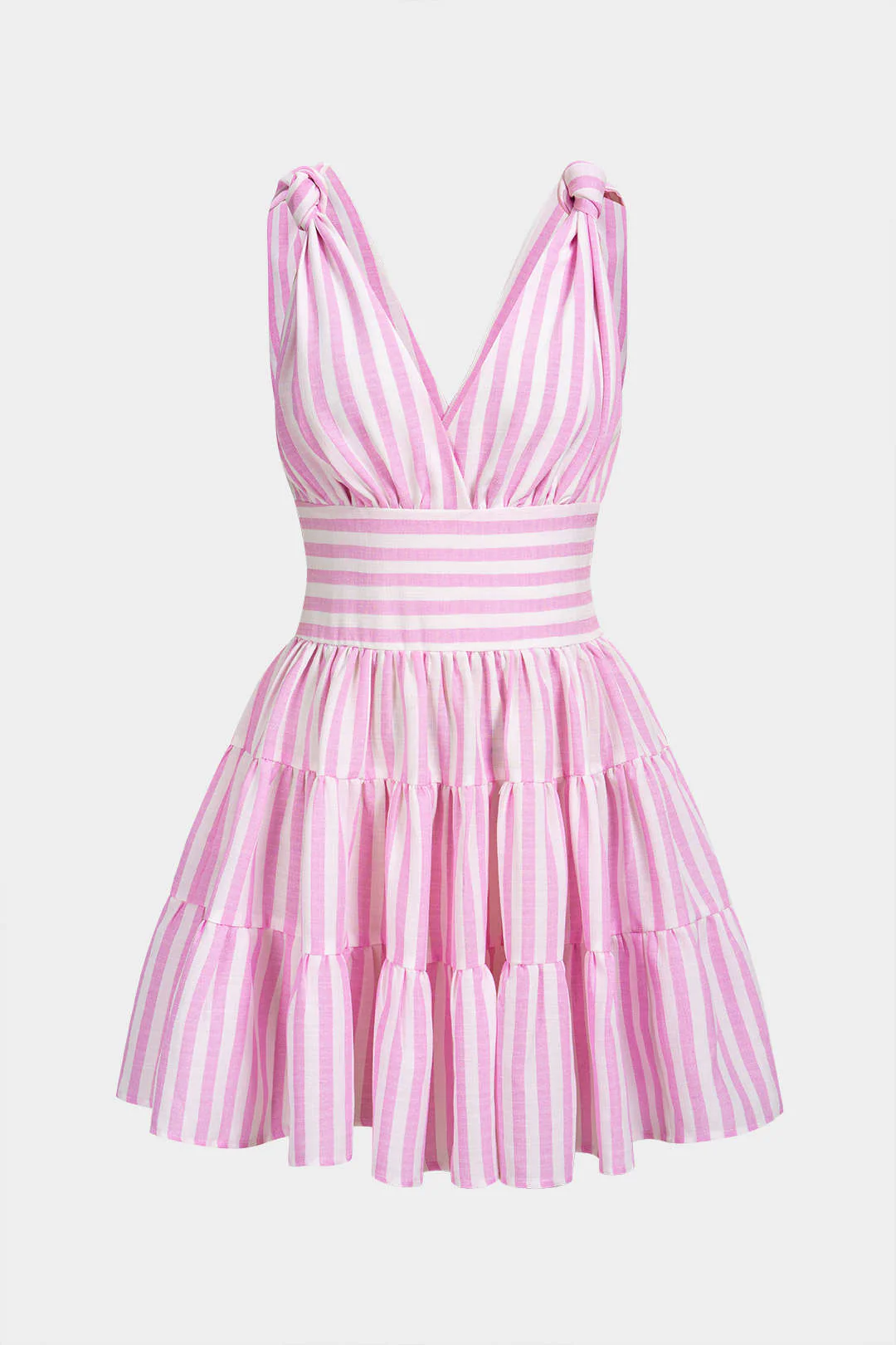 Stripes Print V-Neck Ruched Knotted Sleeveless Mini Dress