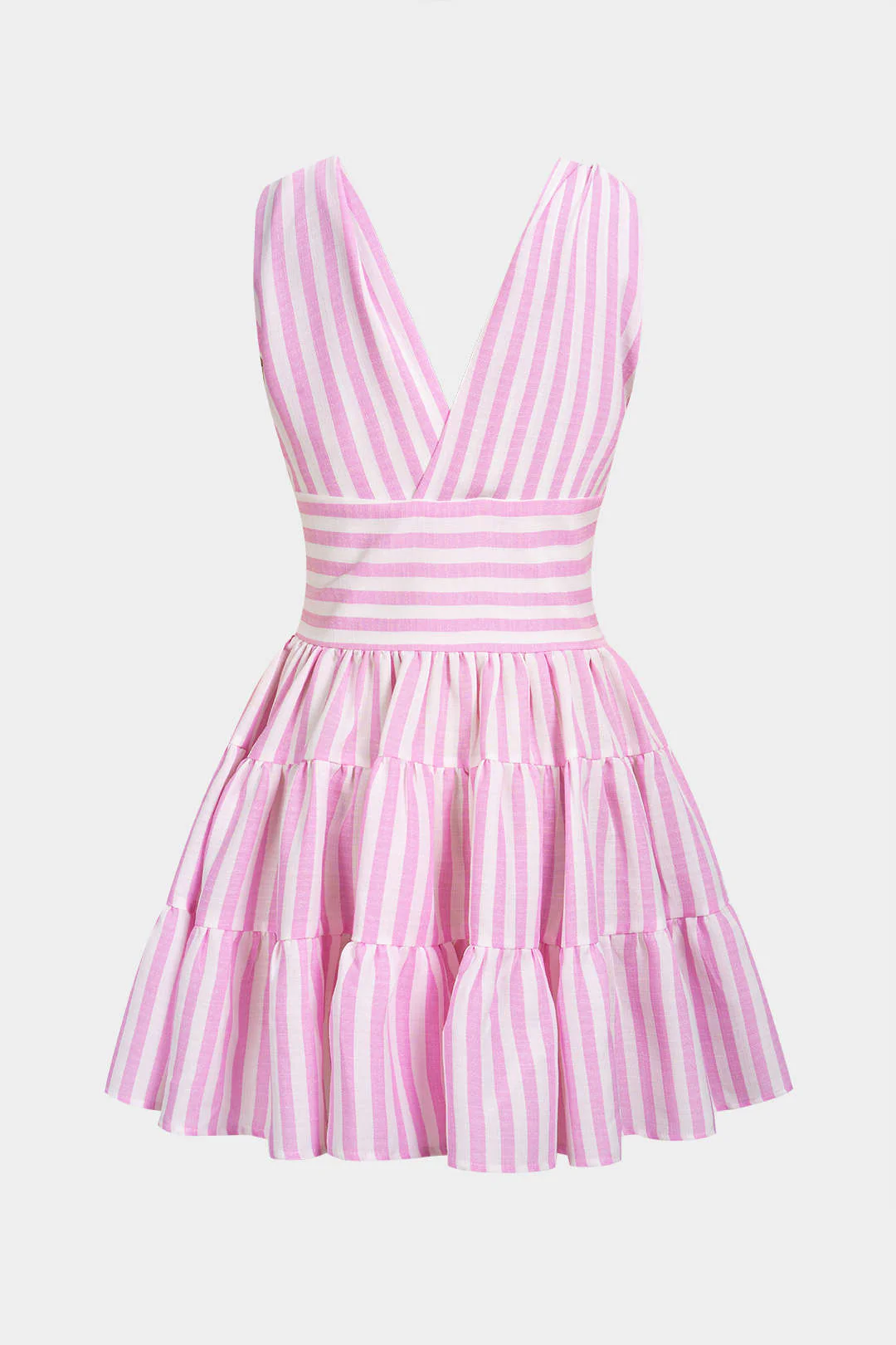 Stripes Print V-Neck Ruched Knotted Sleeveless Mini Dress - Image 2