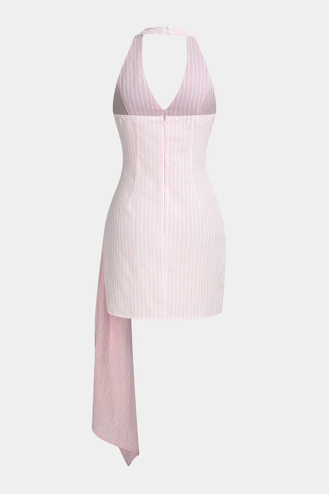 Stripes Print Linen Patchwork Halter V-Neck Asymmetrical Ruched Backless Sleeveless Mini Dress - Image 2