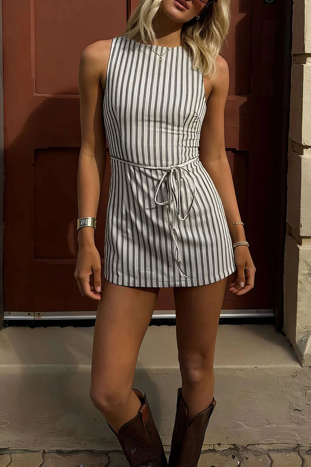 Stripes Print Round Neck Tie-Up Sleeveless Mini Dress - Image 6
