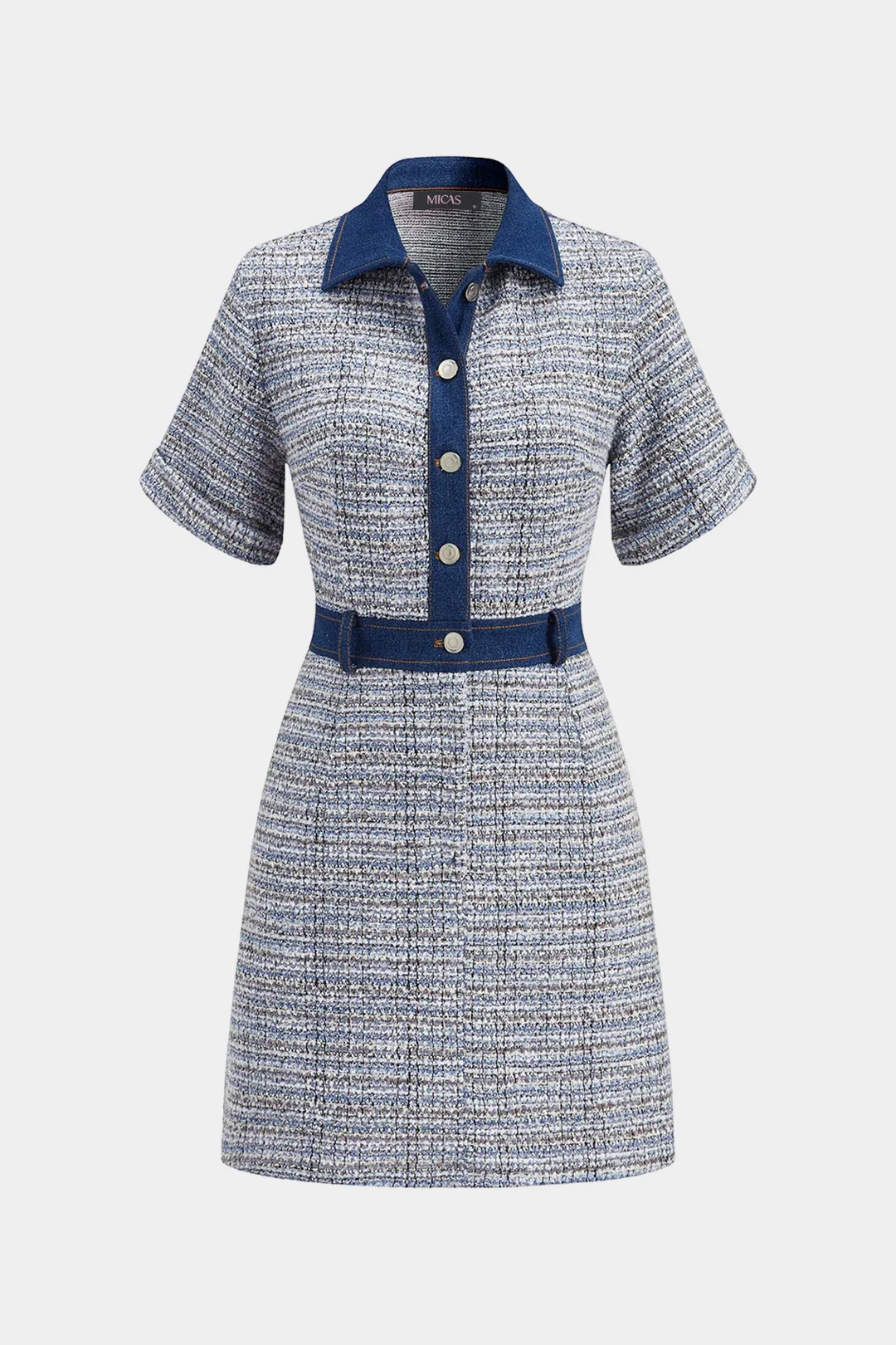 Tweed Patchwork Denim Button Short Sleeve Mini Dress