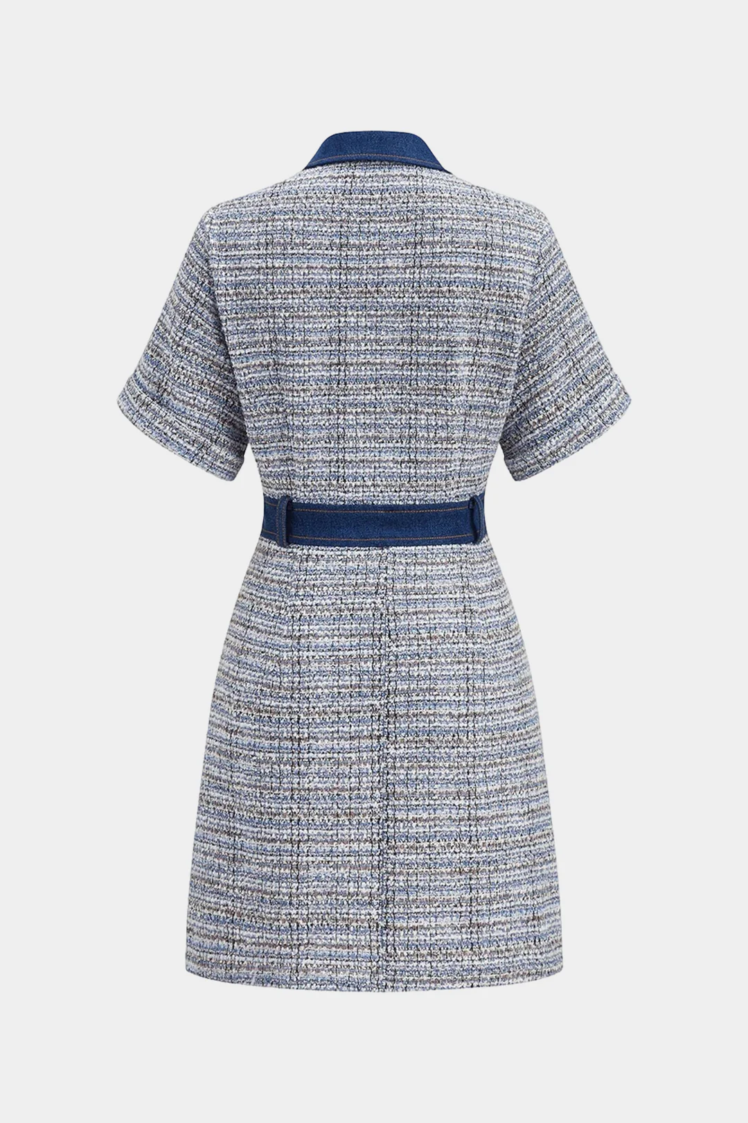Tweed Patchwork Denim Button Short Sleeve Mini Dress - Image 2