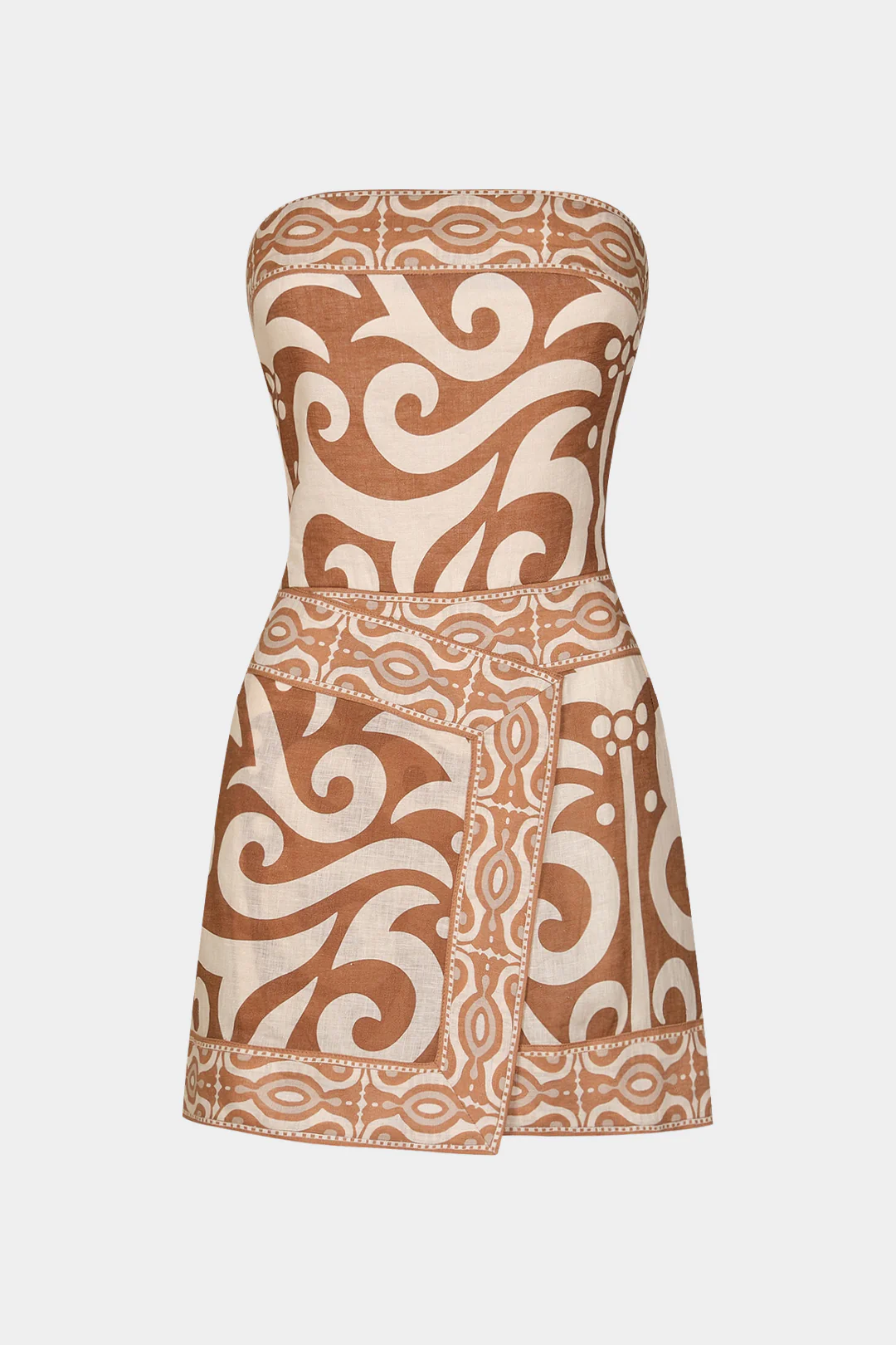 Geometric Print Linen Asymmetrical Strapless Sleeveless Mini Dress