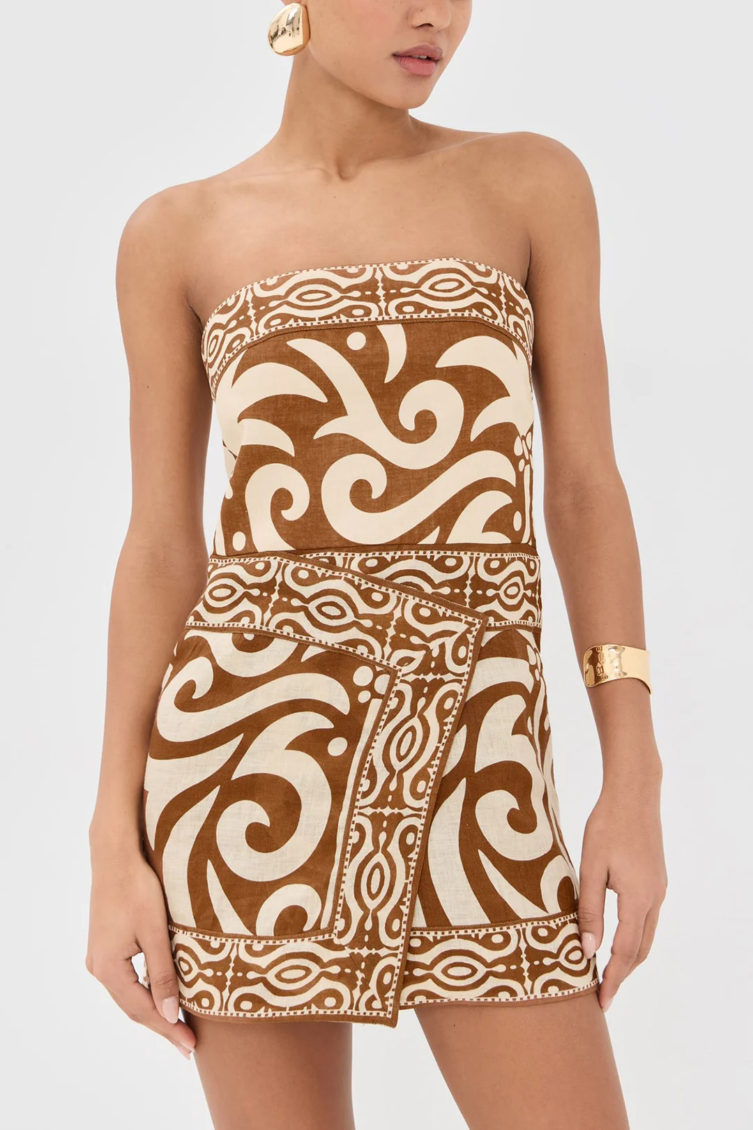 Geometric Print Linen Asymmetrical Strapless Sleeveless Mini Dress - Image 2