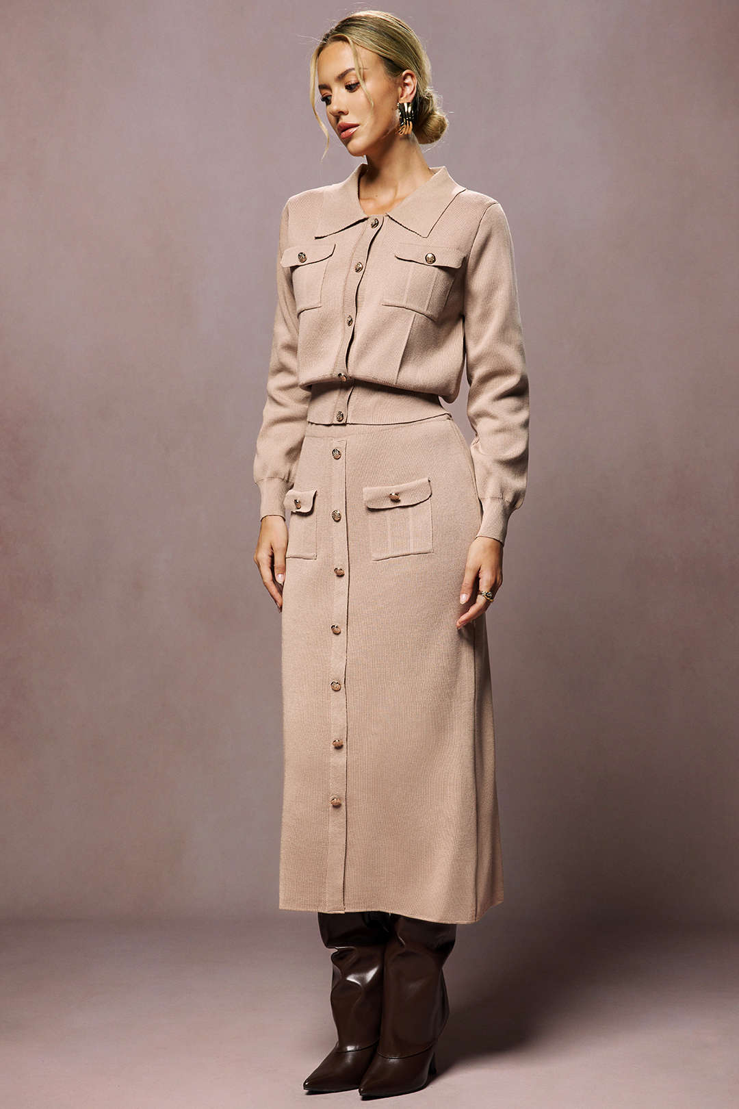 Cropped Button-Up Knit Top And Maxi Skirt Set - Image 10