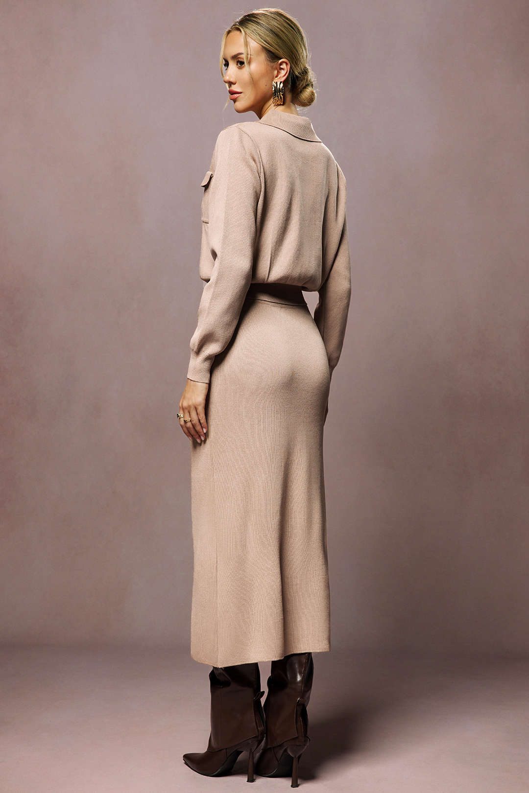 Cropped Button-Up Knit Top And Maxi Skirt Set - Image 12