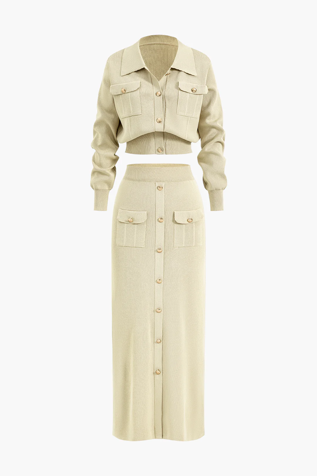 Cropped Button-Up Knit Top And Maxi Skirt Set - Image 19