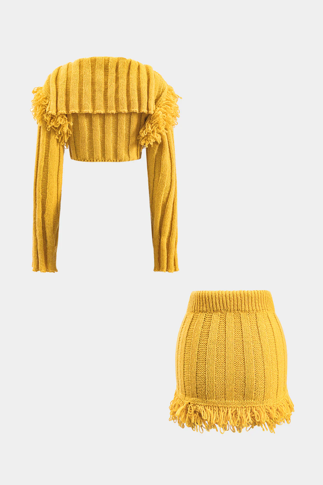 Knit Fringe Long-Sleeve Top And Drawstring Tie-Up Mini Skirt Set - Image 2