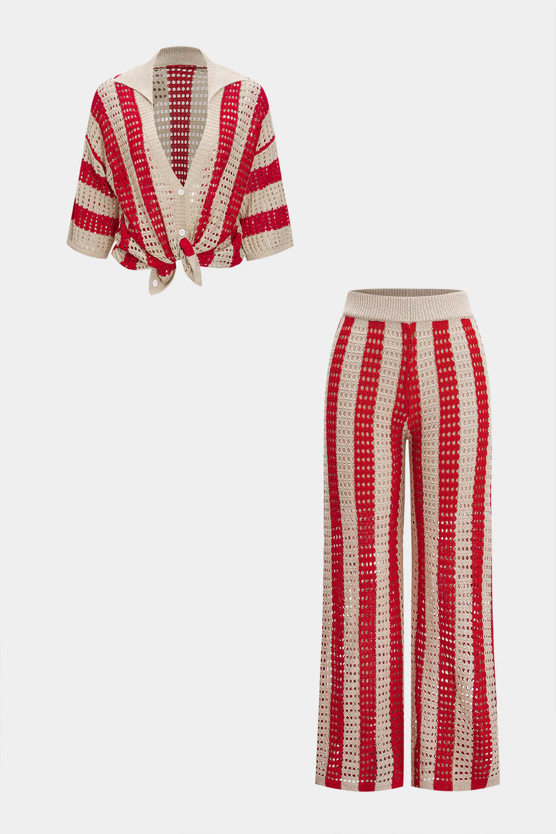 Knit Cut Out Contrast Short-Sleeve Top And Pants Set - Image 2
