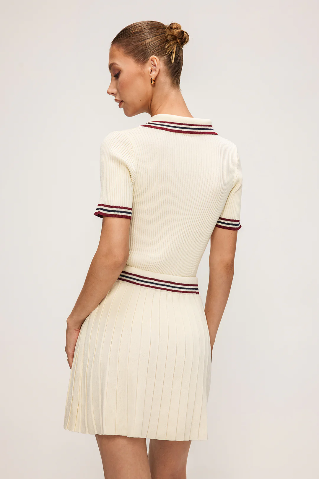 Knit Contrast Stripes Button Short-Sleeve Top And Mini Skirt Set - Image 2
