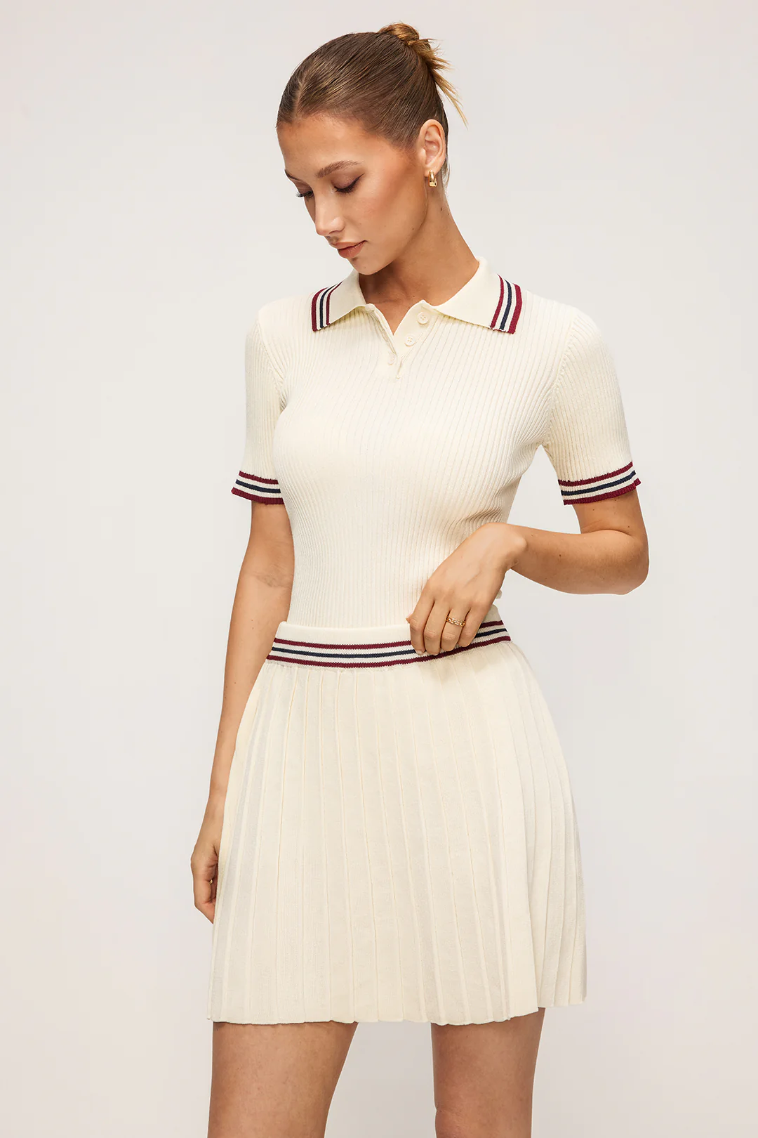 Knit Contrast Stripes Button Short-Sleeve Top And Mini Skirt Set - Image 3