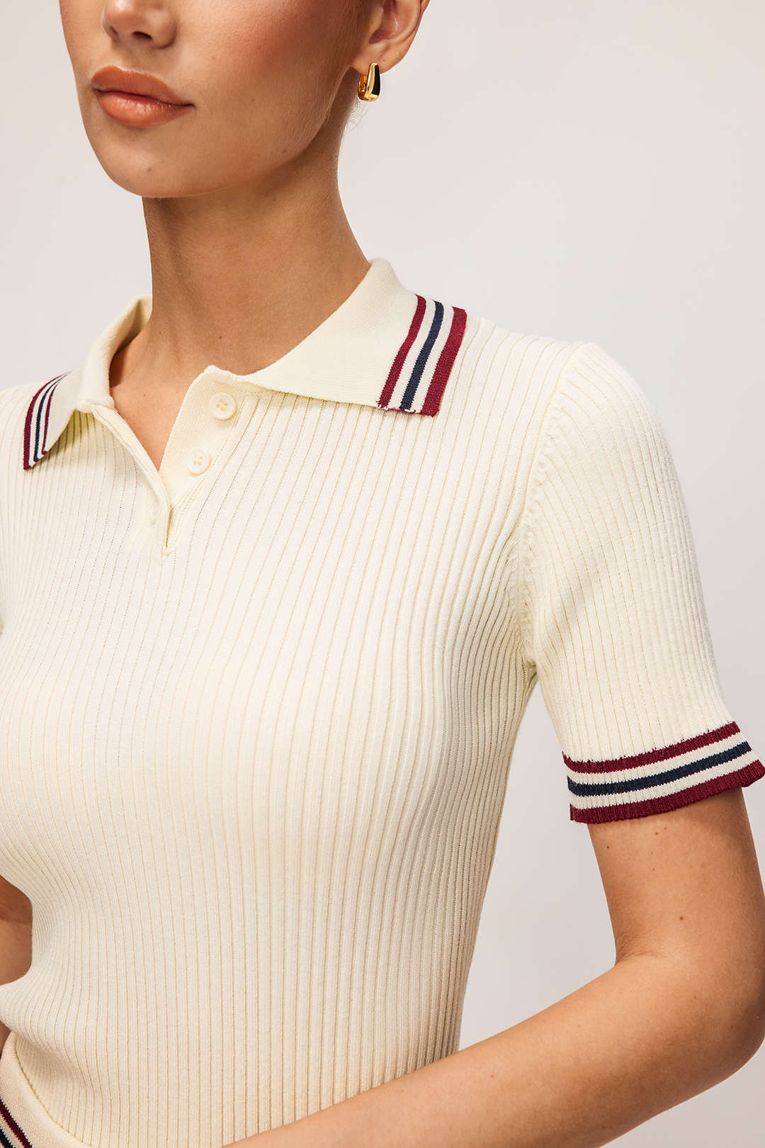 Knit Contrast Stripes Button Short-Sleeve Top And Mini Skirt Set - Image 4