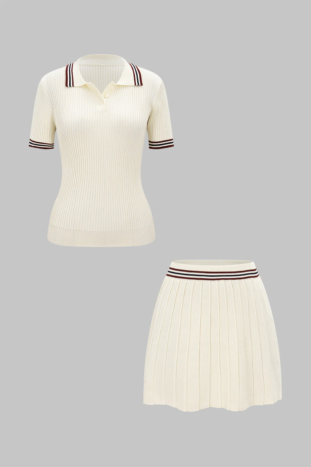 Knit Contrast Stripes Button Short-Sleeve Top And Mini Skirt Set - Image 5