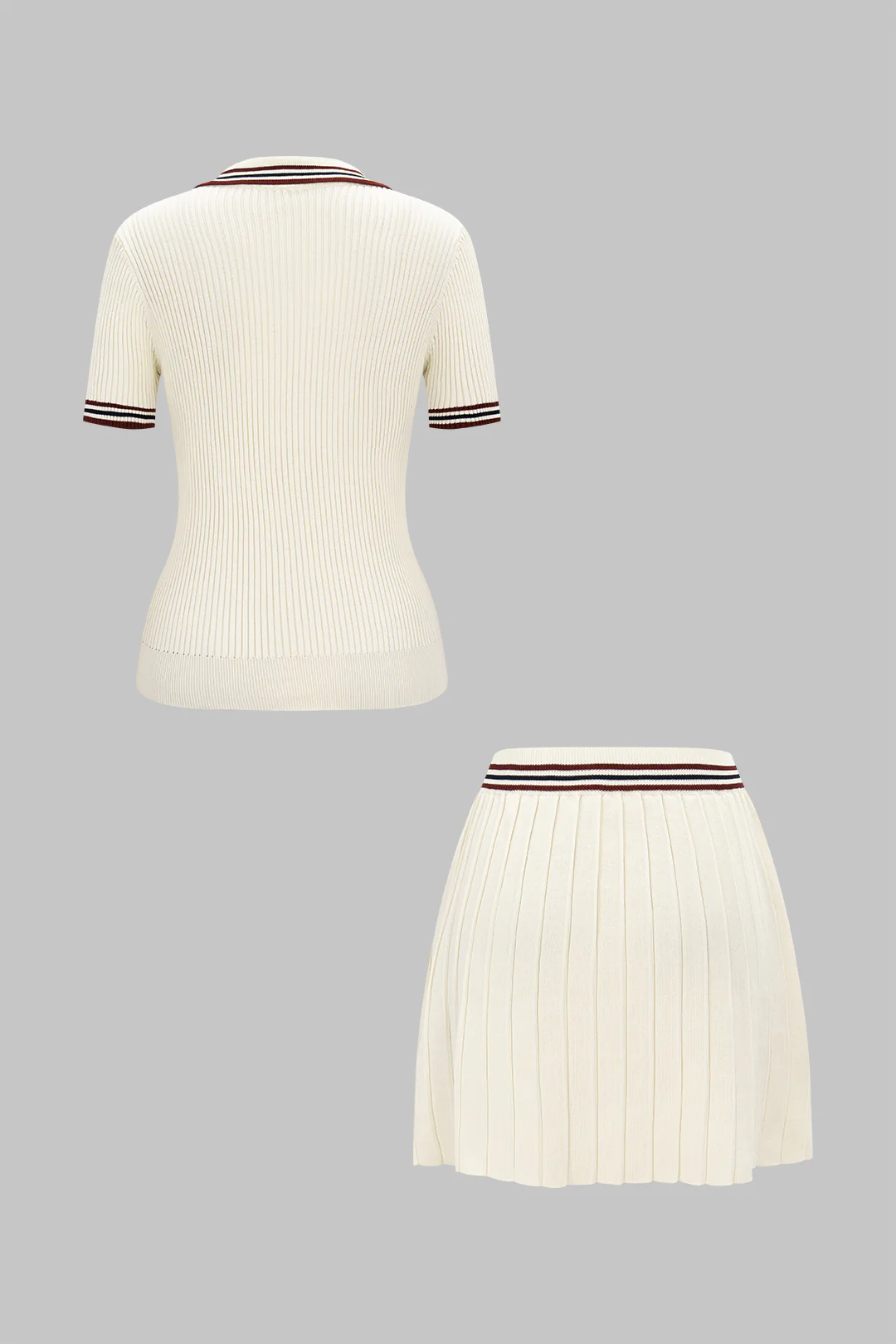 Knit Contrast Stripes Button Short-Sleeve Top And Mini Skirt Set - Image 6