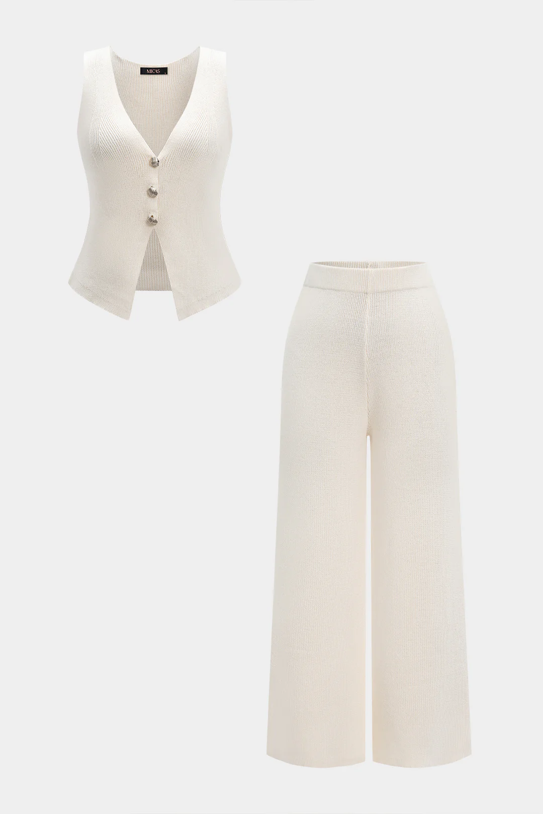 Knit V-Neck Metallic Button Tank Top And Solid Wide Leg Pants Set - Image 2