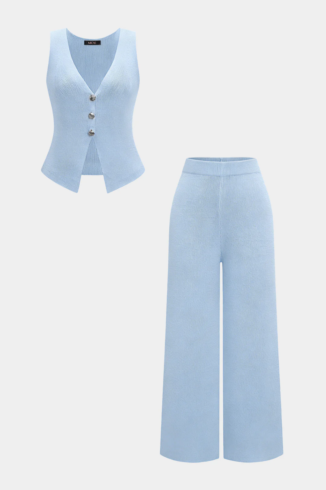 Knit V-Neck Metallic Button Tank Top And Solid Wide Leg Pants Set - Image 7