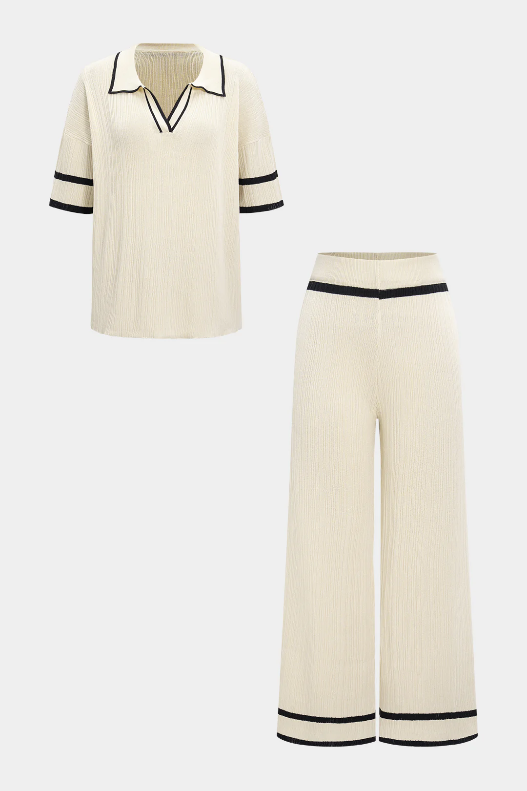 Knit Contrast Binding Lapel Short-Sleeve Top And Wide Leg Pants Set - Image 2