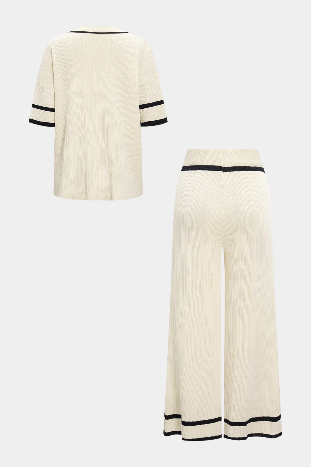 Knit Contrast Binding Lapel Short-Sleeve Top And Wide Leg Pants Set - Image 3