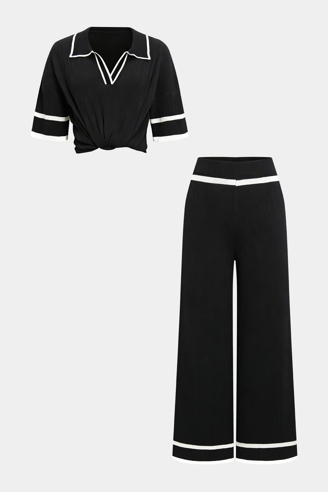 Knit Contrast Binding Lapel Short-Sleeve Top And Wide Leg Pants Set - Image 6